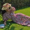 Français Vintage Rose Floral Dres Casual Élégant Col En V Plage Femme Chic Style Coréen Fête Midi Été 210604