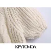 KPYTOMOA KVINNOR FASHION CABLE-stickad beskuren tröja Vintage O Neck Puff Sleeve Kvinna Pullovers Chic Toppar 211217