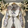 Primavera moda mujer impresión de manga larga vestido plisado elegante vintage ropa fiesta coreano vestido de mujer R984 210527