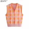 Zevity Femmes Vintage Couleur Correspondant Argyle Modèle Lâche Gilet Pull Lady V Cou Sans Manches Gilet Chic Pulls Tops SW698 210603