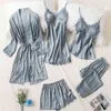 Women 5PCS Pajamas Sets Satin Sleepwear Pijama Silk Home Wear Clothing Sexy Lace Sleep Lounge Pyjamas with Chest Pads