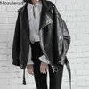 Mozuleva Autumn Retro Soft Faux Leather Pu Jacket Women Loose Punk Coat Female V Neck Moto Biker Rivet Zipper Street Overcoat 210908