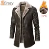 Homens ucrazy inverno Casual Long Thick Jaqueta de Jaqueta de Couro Parkas Homens Outfit Quente Bolso Do Vintage Faux Casaco de Couro Casaco Men 211124