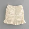 Chu Sau Beauty Summer Women Diamond Button Decoration Pleated Slim Skirt Ladies Back Zipper Vestido Chic Hem Ruffle Skirts 210508