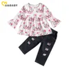 2-7Y Påsk Toddler Kid Girls Kläder Set Långärmad Ruffles Bunny Tops Denim Byxor Jeans Outfits 210515