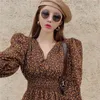 Office Lady Spring/Summer French Fashion Style Elegant V-Neck Long Puff Sleeve Print Green Chiffon Woman Dress 210415