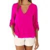 Plus Storlek Kvinnor Deep V Neck SHIRTS Sommarknapp Långärmad Dam Toppar Chiffon Elegant Solid Svart Casual Blouses 210522