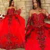 Red Sequined Lace Quinceanera Dresses Ball Gown Crystal Beads Sequins Sweetheart With Sleeves Ruffles Corset Back Party Dress Prom Evening Gowns Sweep Train