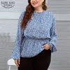 Primavera y otoño Blue Floral Impresión Femenina Femenina suelta Temperamento de moda casual Blusa de talla grande para niña 12751 210508