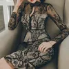 Lace Hollow Stitching Dress Spring Summer Office Lady Elegant Långärmad Slim Bodycon Women Party 210520