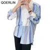 Orijinal tasarım gömlek kadınlar düzensiz dikiş baskılı gömlek asimetrik yaka boy bluz streetwear gevşek rahat 210601
