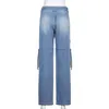 JMPRS Y2K Mavi Kot Retro Sashes Denim Pantolon Dantelli İpli Kargo Kadın Büyük Cepler Pantolon Bayanlar Streetwear Jean 210629