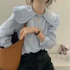 Ezgaga blusa mulheres corean chique concurso Peter Pan Collar Plissado Solta Spruff Sweet Girl Camisas Moda Sólida Blusas 210430