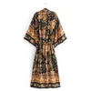 Camicia lunga a kimono con stampa floreale arancione con scollo a V della Boemia, donna etnica nera, allacciatura con fiocco, cardigan lungo, camicetta ampia 210401
