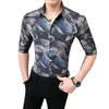İngiliz Tarzı Yaz Erkekler Elbise Gömlek Casual Slim Fit Yarım Kollu Gömlek Erkekler Moda Baskı Kulübü Parti Streetwear Sosyal Bluz 210527