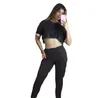 Kobiety Lato Jogger Garnitur Krótki Rękaw Stroje Brązowe Dresy Koszulki Crop Top + Spodnie Dwuczęściowe Zestaw Plus Size 2XL Listowe Garnitury Czarny Sportswear 4775
