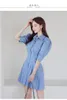 Korea zomer mode denim shirt jurk vrouwen elegante revers bladerdeeg mouw casual slanke mini vrouw 210519