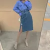 夏の女性のAラインジーンズスカートエレガントな韓国風ハイウエストスプリットブルーブルーOLカジュアルミディスカート210428