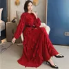 Vintage Wino Czerwone Ruffles Kobiety O-Neck Sleeve High Waist Belt Bow Ruched Szyfonowa Kobieta Elegancka Długa Dress 210416