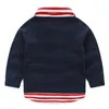 Baby Långärmad T-shirt Spring Children's Clothiing Kid's Bow Tie Faux Två Piece Toppar Strip Patchwork Basic for Boys 210625