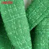 Women Double Breasted Green Tweed Blazer Coat Vintage Long Sleeve Office Lady Outerwear BE611 210416