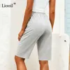 LIOOIL GRY BACHGY Proste spodnie Długość kolana Spodnie z kieszeniami Sznurek wysokiej talii joggers kobiet casual luźne spodnie dresowe Q0801