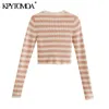Kvinnor Mode Striped Cropped Stickad Cardigan Sweater O Neck Långärmad Kvinnlig Ytterkläder Chic Toppar 210420