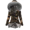 Peluche Camouflage Parker Parka Moda Vita regolabile Collo in pelliccia Giacca invernale Donna Cappotto con cappuccio a maniche lunghe