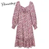 Yitimuceng Ruffles Floral Pint Vintage Mini Dresses Women Puff Sleeve A-Line Square Collar Spring French Fashion Dress 210601