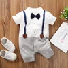 Aankomst zomer en lente baby jongen gentleman faux-twee overalls romper (losse vorm) kleding 210528