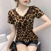 Summer Casual Vintage T Shirt Kobiety V Neck Slim Ops Podstawowe Koszule Kobiet Długie Rękaw Sexy Stretch Drukowane -Shirt Femme IDE 210506