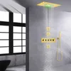 Termostático cepillado oro lluvia ducha grifo Sistema de baño 14 x 20 pulgadas CEIL Baño montado LED Cascada de lluvia Cabeza de ducha