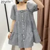 Women Vintage Puff Sleeve Plaid Print Loose Mini Dress Female Chic Square Collar Breasted Pleats Vestidos DS8313 210420