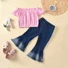 Moda Bambino Bambini Neonate Vestiti estivi Set da festa Spalle scoperte T-Shirt Pantaloni svasati 2 pezzi Abbigliamento ragazza Abiti 3-7Y 1025 V2