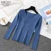 秋の韓国のシックなスリムフィットVネックボトムリングシャツレトロな長袖セーター女性全ての試合ニットプルオーバー女性10384 210508
