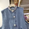 [EWQ] Wiosna Nowe Kobiety Casual Loose O-Neck Solid Color Luźne Krótki Minimalistyczny Rękawów Denim Vintage Kamizelka Płaszcz 16F0736 210423