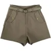 Kimutomo Fake Pocket Casual Shorts Kvinnor Vår Sommar Koreansk Retro Hög Midja Slim Solid Brett Ben Shorts Med Bälte Elegant 210521