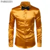 Shiny Gold seda vestido camisa homens cetim homens suaves slim encaixe botão para baixo camisas de festa de casamento camisa de baile com bowtie 3xl 210522