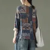 ジョニーチャービンテージの女性のシャツの綿混紡のVネックフルスリーブブラウス春のボタン中国風の緩いトップス210521