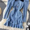 NEPLOE GURO-DOWL COLLAR CASCANDING FULLADA RETRO DENIM VESTIDO CHIC BOTÃO BOOF SHOP FEMME Vestidos Vestidos de cintura High Women 210423