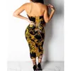 Patlama Modelleri Seksi Moda Altın Zincir Baskı Kolsuz Kelime Yaka Backless Elbise 210331
