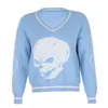 Striped Skulls Mönster Oversize Blue Sweater Kvinnor Höst Streetwear E-Girl V Neckover Y2K Toppar Knitwear Kvinna Jumper 210415