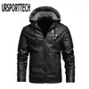 Ursporttech 겨울 남성용 PU 가죽 자켓 망 양털 코트 캐주얼 outwear 오토바이 후드 자켓 윈드 재킷 바이커 자켓 211009