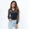 Long Sleeve Chiffon Blouses Women Spring Autumn Sexy Shirts Black Polka Dot V Neck Puff Sleeve Lace Gauze Slim See Through Tops