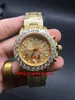 高品質のフルアイスアウトゴールドケースヒップホップラッパーウォッチワーク巨大ダイヤモンドベゼル腕時計光沢のあるラボストーンステンレス鋼の自動腕時計12636