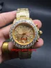 Högkvalitativ full Iced Out Gold Case Hip Hop Rappers Watch Works Enorma Diamanter Bezel Armbandsur Glänsande Lab Stones Rostfritt Stål Automatisk Man Klockor 12636