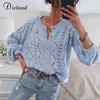 DICLOUD Blue Hollow Out Women's Cardigans Autumn Winter Round Neck Button Up Knitted Sweaters Ladies Fashion Knitwear 210922