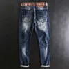 Итальянский стиль моды мужские джинсы высококачественные эластичные тонкие пригонки разорванные ретро синий винтажный дизайнер повседневные джинсовые штаны Nowa