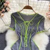 Kvinnor mode koreanska rompers design sexig ihålig v hals kort ärm smala jumpsuits sommar mode streetwear bodysuit 210715