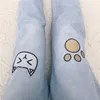 Vrouwelijke broek cartoon kat borduurwerk jeans broek losse patroon casual elastische taille blauw 643E 210420